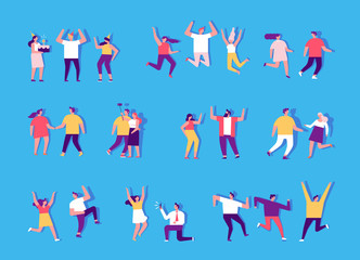 People dancing and have fun. Flat vector character set. Birthday party, student party, celebration, event. Friendship.  Couples. Happy people. Men and women enjoying dance party.	