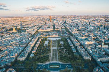 Aerial, top view of Paris from the top of the Eiffel Tower