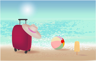 Summer background with a view of the beach, suitcase, ball, ice cream, hat