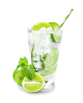 Glass Of Fresh Mojito On White Background