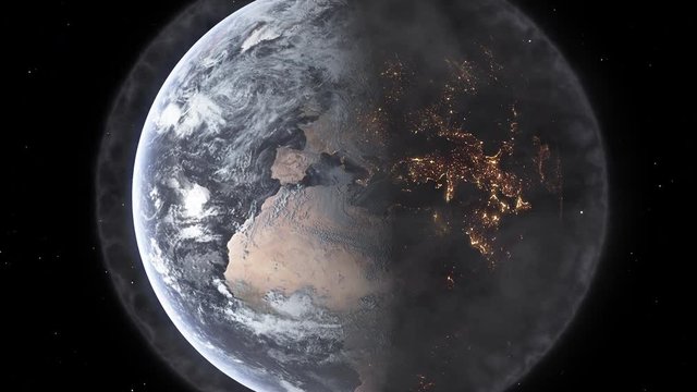 Thick pollution cloud surrounding the planet Earth as it rotates in space showing night and day 