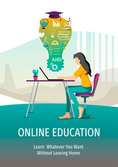 Flyer, banner, poster, brochure design with young woman sitting with laptop and simple flat Icons. Distance education, online courses and e-learning concept. Vector illustration in a flat style.