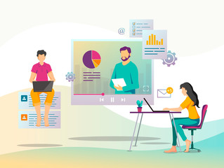 Online training, webinar, e-learning concept, working process concept. People studying or working with laptops. Vector illustration for poster, banner, brochure, presentation.