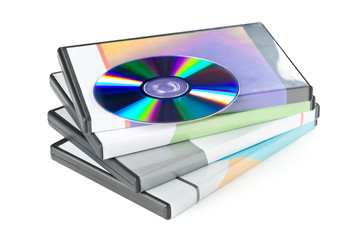 DVD, CD-ROM or Blu-Ray disc with stacked boxes for movies, audio or software on white