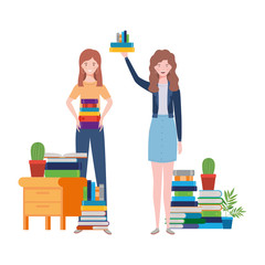 women standing with bookshelf of wooden and books