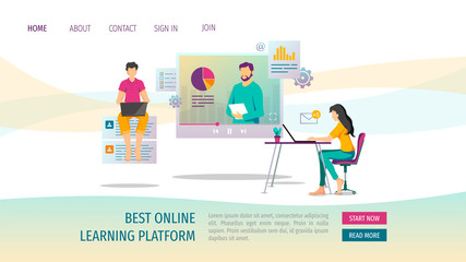 Web page design for Online training, webinar, e-learning, working process. People studying or working with laptops. Vector illustration for poster, banner, website.