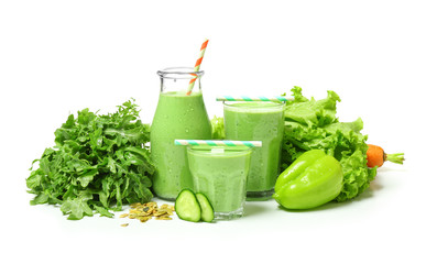 Healthy smoothie with ingredients on white background