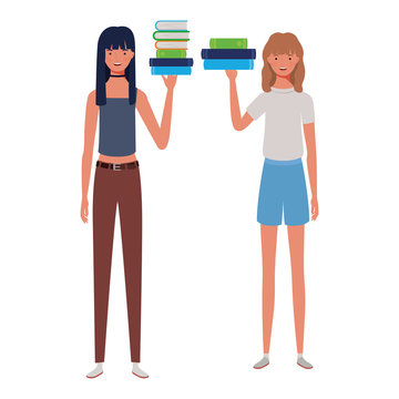 women standing with stack of books on white background