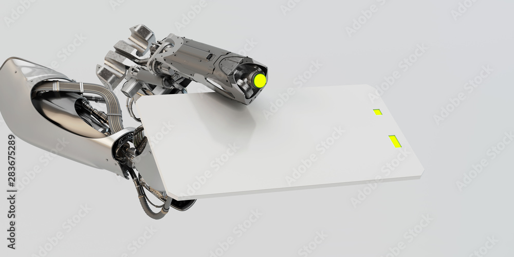 Poster sci-fi robotic arm showing blank card, 3d rendering