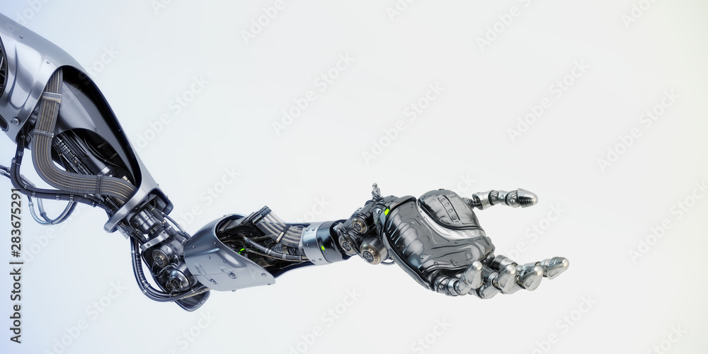 Poster futuristic replacement arm with gesturing palm, 3d rendering