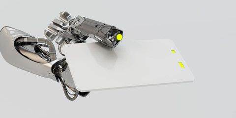 Sci-fi robotic arm showing blank card, 3d rendering