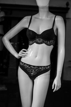 closeup of black underwear on mannequin in fashion store showroom for women