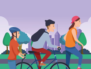 Obraz premium People with bikes skateboard and scooter