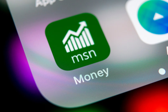Sankt-Petersburg, Russia, August 16, 2018: Microsoft MSN money application icon on Apple iPhone X smartphone screen close-up. Microsoft msn money app icon. Social network. Social media icon