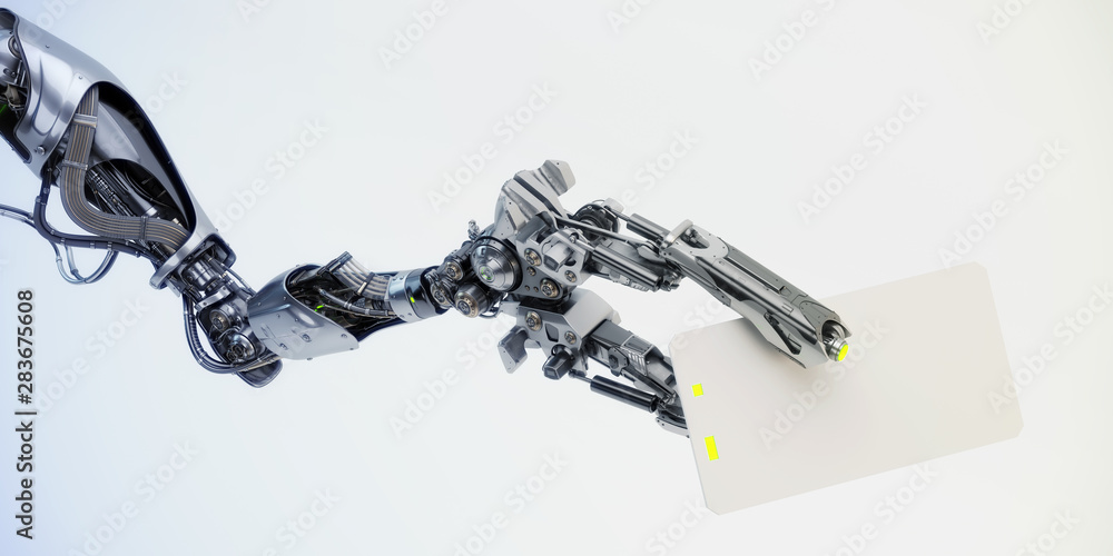 Poster sci-fi robotic arm showing blank card, 3d rendering