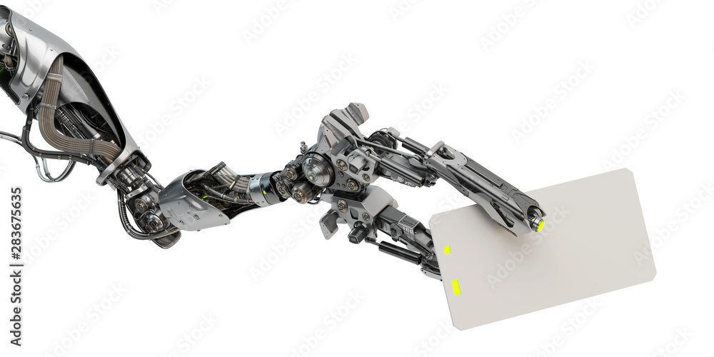 Poster sci-fi robotic arm showing blank card, 3d rendering