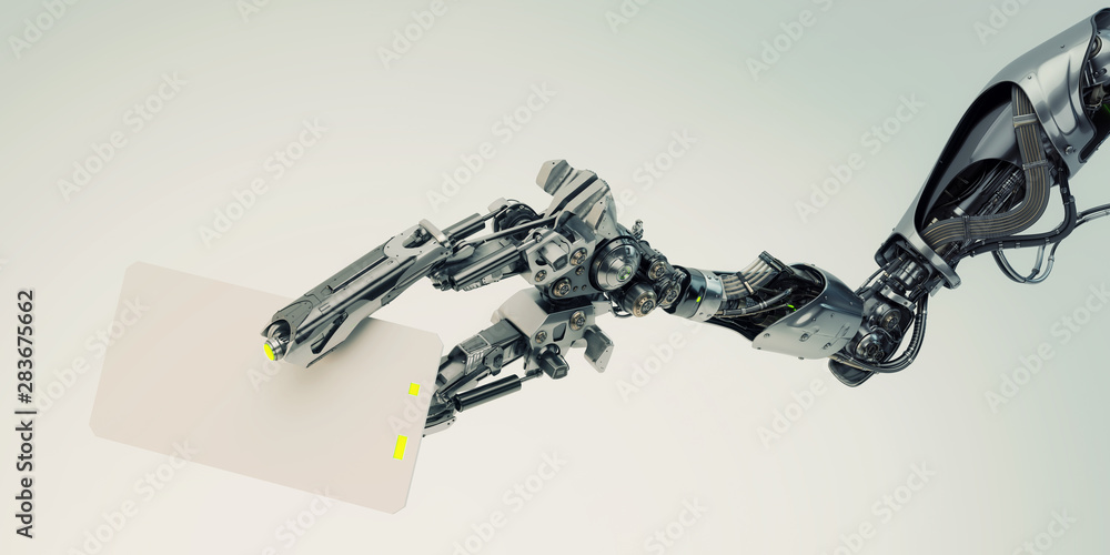Poster sci-fi robotic arm showing blank card, 3d rendering