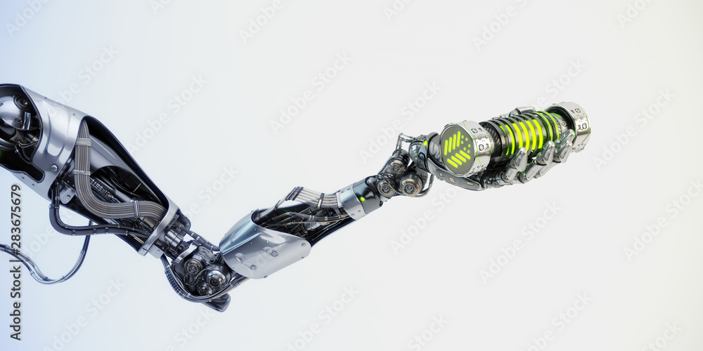 Poster robotic arm holding big flask with nano virus, 3d rendering
