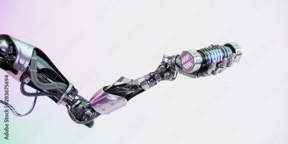 Poster robotic arm holding big flask with nano virus, 3d rendering