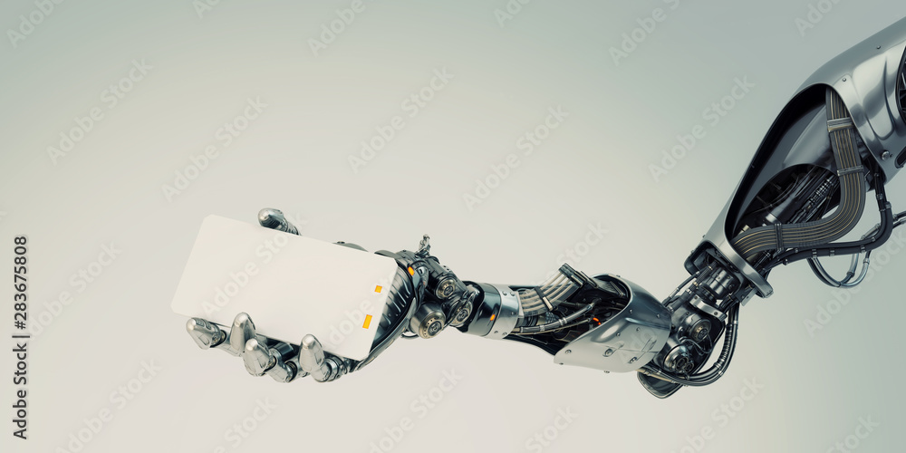 Poster sci-fi robotic arm showing blank card, 3d rendering