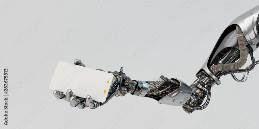 Poster sci-fi robotic arm showing blank card, 3d rendering