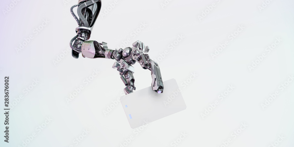 Poster sci-fi robotic arm showing blank card, 3d rendering