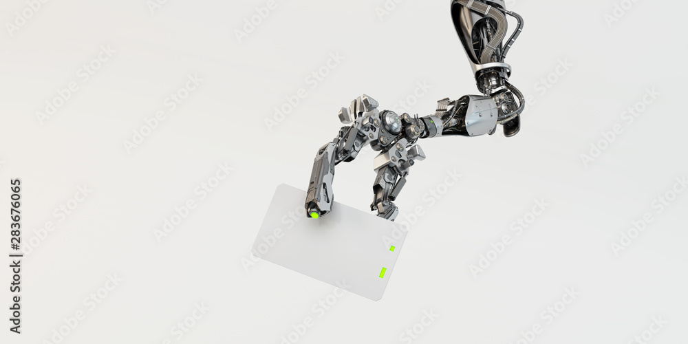Poster sci-fi robotic arm showing blank card, 3d rendering