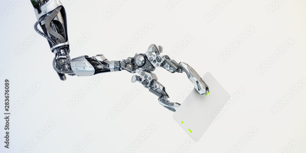 Poster sci-fi robotic arm showing blank card, 3d rendering