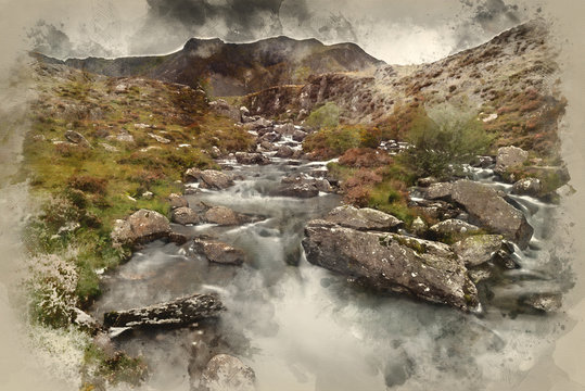 Digital watercolour painting of Moody landscape image of river flowing down mountain range near Llyn Ogwen and Llyn Idwal in Snowdonia in Autumn