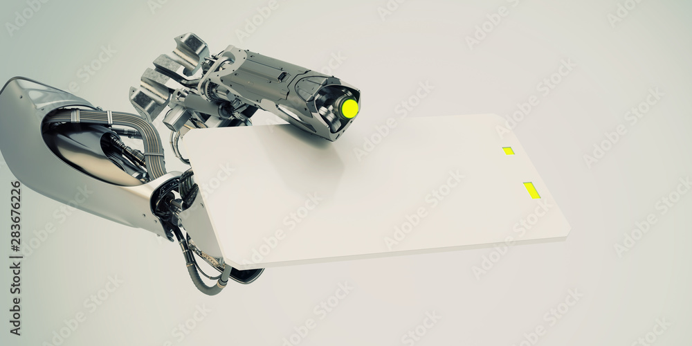 Poster sci-fi robotic arm showing blank card, 3d rendering