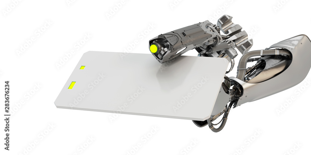 Poster sci-fi robotic arm showing blank card, 3d rendering