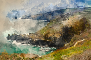 Digital watercolour painting of Lizard Point and lighthouse, the most Southerly point in Britain