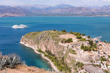 Aerial view from famous Venetian Palamidi fortress over city of Nafplio former capital of Greece, Peloponnese.