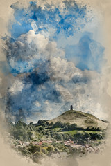 Digital watercolour painting of Beautiful landscape view of Glastonbury Tor on Summer day
