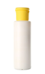 Bottle of cosmetic product on white background