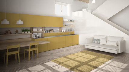 Minimalist modern white, yellow and wooden kitchen in contemporary open space with clean staircase, living room with sofa and carpet, interior design architecture concept idea