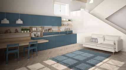 Minimalist modern white, blue and wooden kitchen in contemporary open space with clean staircase, living room with sofa and carpet, interior design architecture concept idea