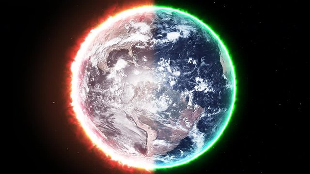 Rotating planet Earth with one half covered in flame and the other green and vibrant displaying a conceptual global warming