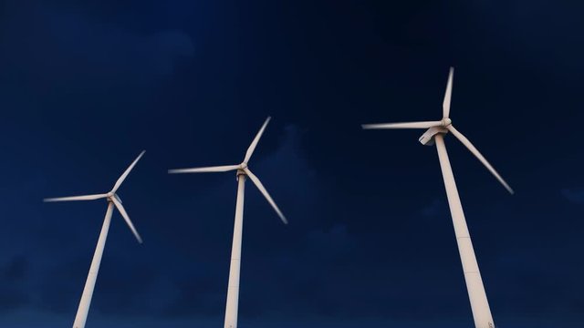 Wind farm in the night sky. Alternative renewable energy generation. Environmental conservation concept.