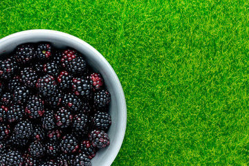 Juicy fresh ripe blackberries in bowl on green grass background top view