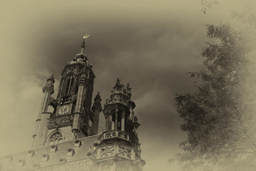 Town hall of Middelburg, The Netherlands. In sepia with fog