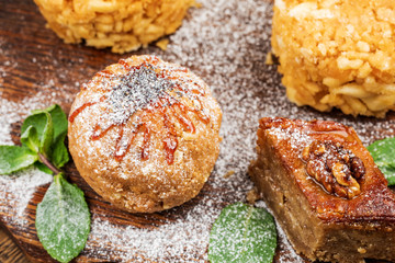 Slice of sweet classic layered cake Napoleon.