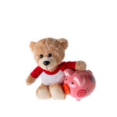 Teddy bear with piggy bank isolated on white background, Concept of saving money