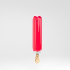 Ice cream letter I uppercase. Pink popsicle alphabet. 3d rendered dessert lettering isolated on white background.