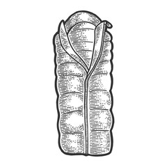 Tourist sleeping bag sketch engraving vector illustration. Scratch board style imitation. Black and white hand drawn image.