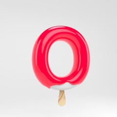Ice cream letter O uppercase. Pink popsicle alphabet. 3d rendered dessert lettering isolated on white background.