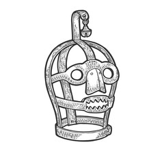 Scold's bridle medieval torture device sketch engraving vector illustration. Scratch board style imitation. Hand drawn image.