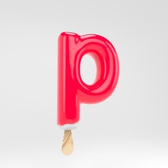 Ice cream letter P lowercase. Pink popsicle alphabet. 3d rendered dessert lettering isolated on white background.