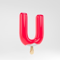 Ice cream letter U uppercase. Pink popsicle alphabet. 3d rendered dessert lettering isolated on white background.