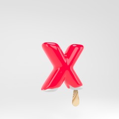 Ice cream letter X lowercase. Pink popsicle alphabet. 3d rendered dessert lettering isolated on white background.